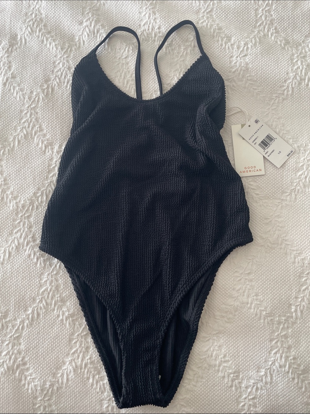 Good American Always Fits Black Textured Scoop-Back Swimsuit Size S/M NWT - Picture 4 of 8